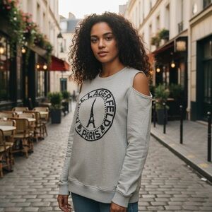 KARL LAGERFELD M Gray Logo Studs Cut Out Shoulder Sweatshirt R $99